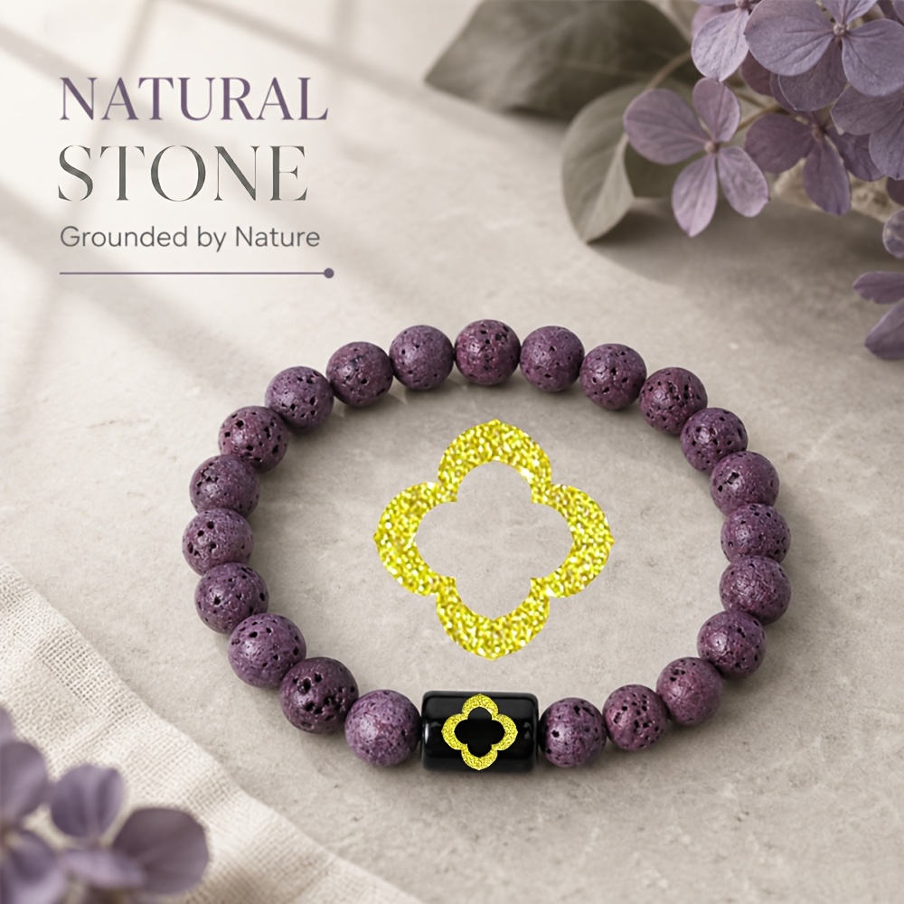 Women's Natural Stone Beaded Bracelet with Golden Four-Leaf Clover